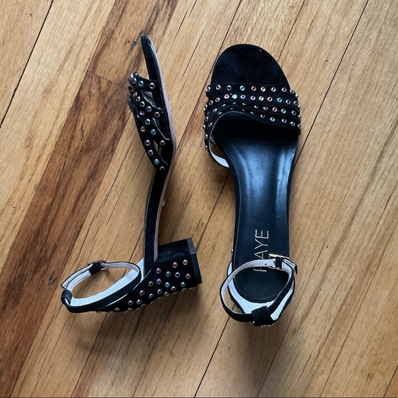 🟣 $148 Raye Bejeweled Disco Heels Strappy Sandals Black Block Anthropologie 8.5 - Picture 2 of 5